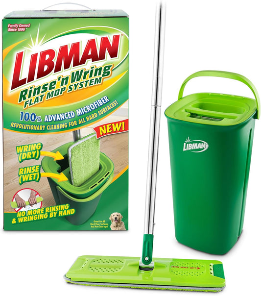 Libman Rinse 'n Wring Mop and Bucket System, Microfiber Dry Wet Mop for Floor Cleaning, Hardwood, Laminate, Tile Cleaner, Dual Chamber Bucket Design, 2 Total Refill Replacement Head Pads