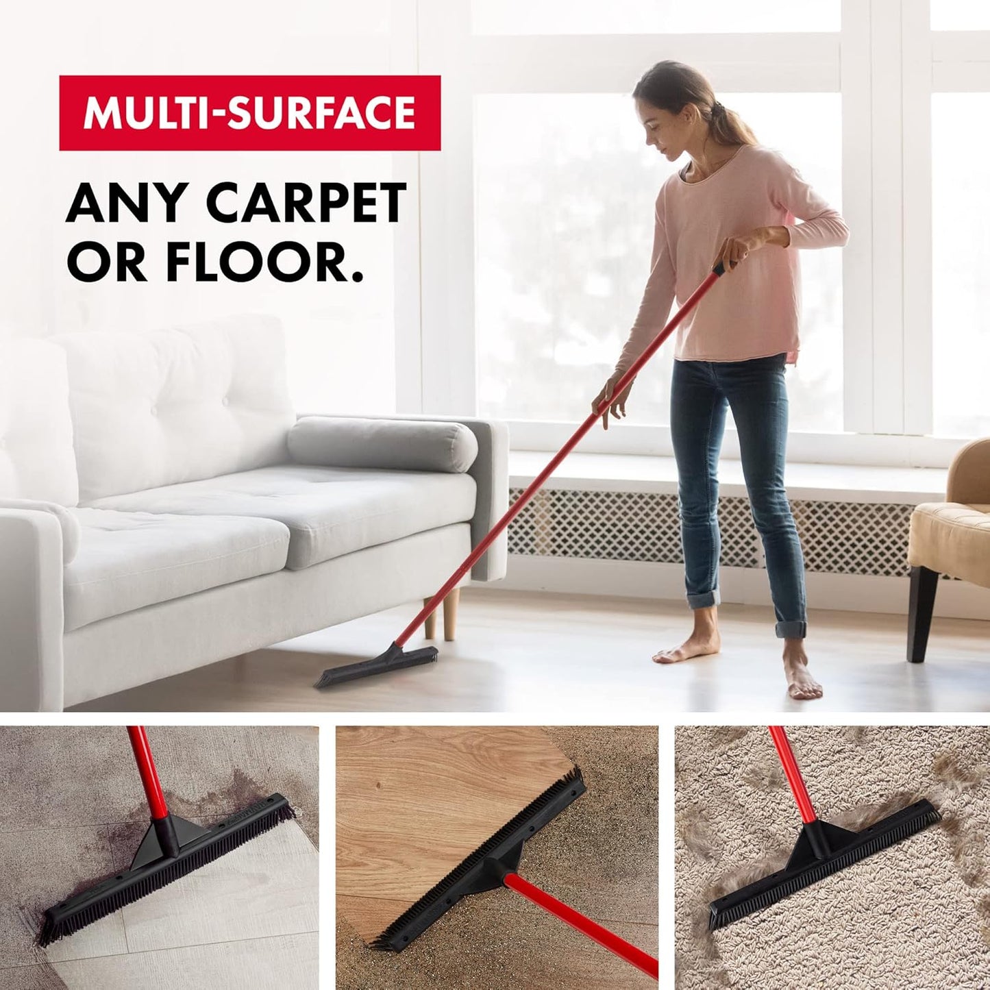 Pet Hair Remover Rubber Broom - Carpet Rake for Pet Hair Removal on Hardwood Floor, Carpet & Tile - Picks Up More Dust & Debris - Slanted Side Bristles for Corners - Rinse to Clean