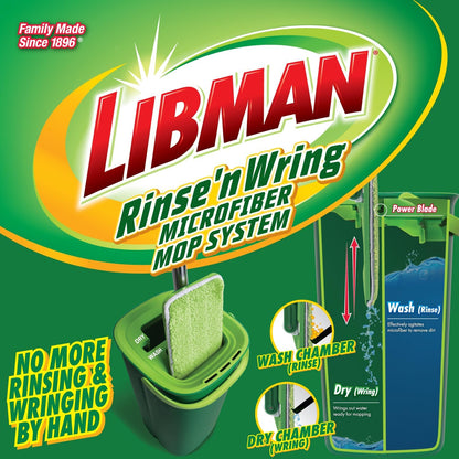 Libman Rinse 'n Wring Mop and Bucket System, Microfiber Dry Wet Mop for Floor Cleaning, Hardwood, Laminate, Tile Cleaner, Dual Chamber Bucket Design, 2 Total Refill Replacement Head Pads