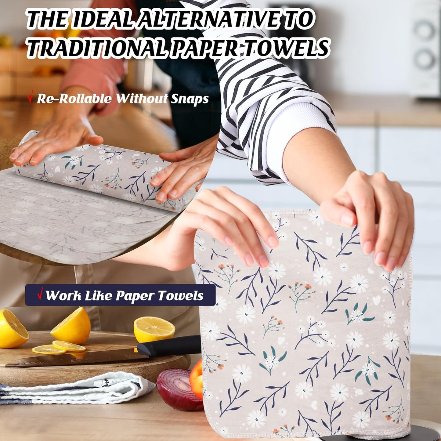 Paper Towels Washable Roll: 25Pack Cotton Cloth Paper Towels 11.8x11.8In Absorbent Soft Flannel Paperless Towels Alternative for Kitchen Reusable Napkins Zero Waste (Flower, Large)