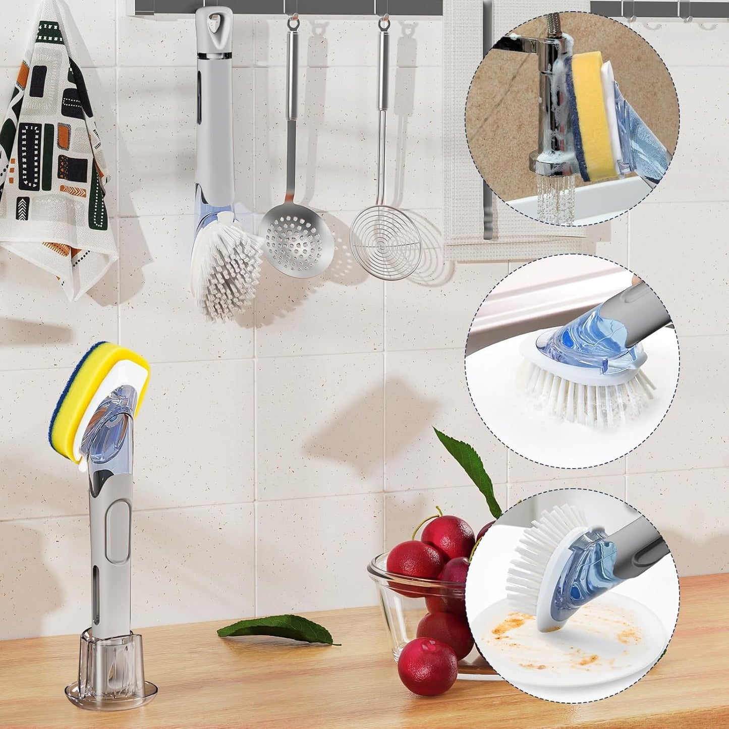 Dish Brush with Soap Dispenser Storage Set with 2 PCS Brush Refills & Holder, Dish Scrubber with Soap Dispenser, Dish Soap Brush, Dish Wand with Soap Dispenser for Dishes, Pans, Sink, Pots(Green)