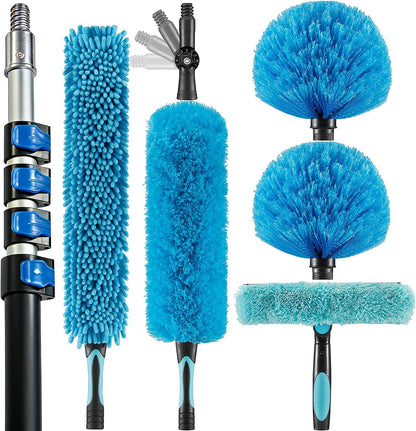 20 Foot High Ceiling Fan Duster with 5-12ft Extension Pole, Extendable Reusable Cobweb, Feather, Window Cleaning Squeegee Kit