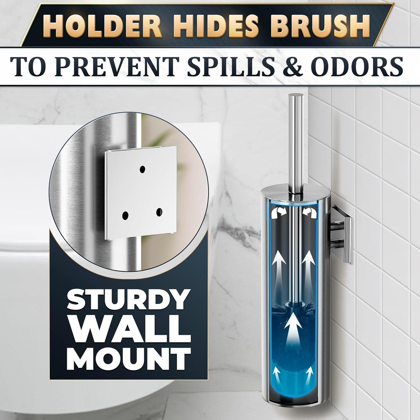 Stylish Stainless Steel Toilet Brush and Holder Set - Silver Toilet Bowl Brush and Holder with Splash Cover, Sturdy Bristles, Corrosion & Scratch Resistant - Elegant Design, Effective Deep Cleaning