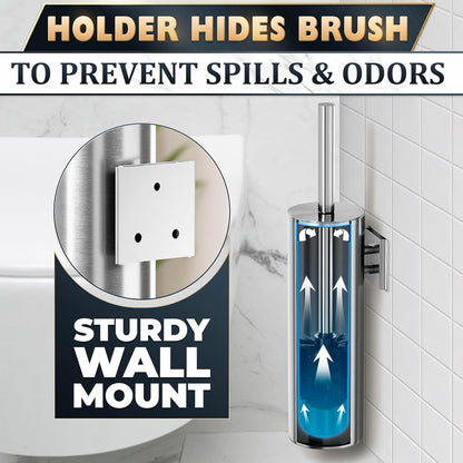 Stylish Stainless Steel Toilet Brush and Holder Set - Silver Toilet Bowl Brush and Holder with Splash Cover, Sturdy Bristles, Corrosion & Scratch Resistant - Elegant Design, Effective Deep Cleaning