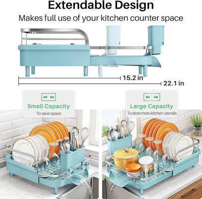SNTD Dish Drying Rack, Expandable Dish Rack for Kitchen Counter, Stainless Steel Dish Drainer with Drainboard Set and Utensil Holder (Black)