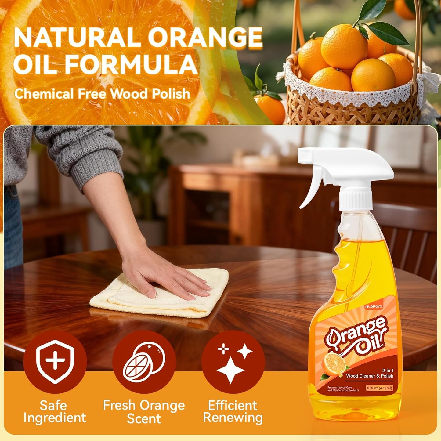 2-in-1 Furniture Polish Wood Cleaner - 2Pack Natural Orange Oil Spray Protect Wood Surface Safely, Enhanced Furniture Restorer Finish Cabinets, Tables, Antique, Floor, 32oz Total