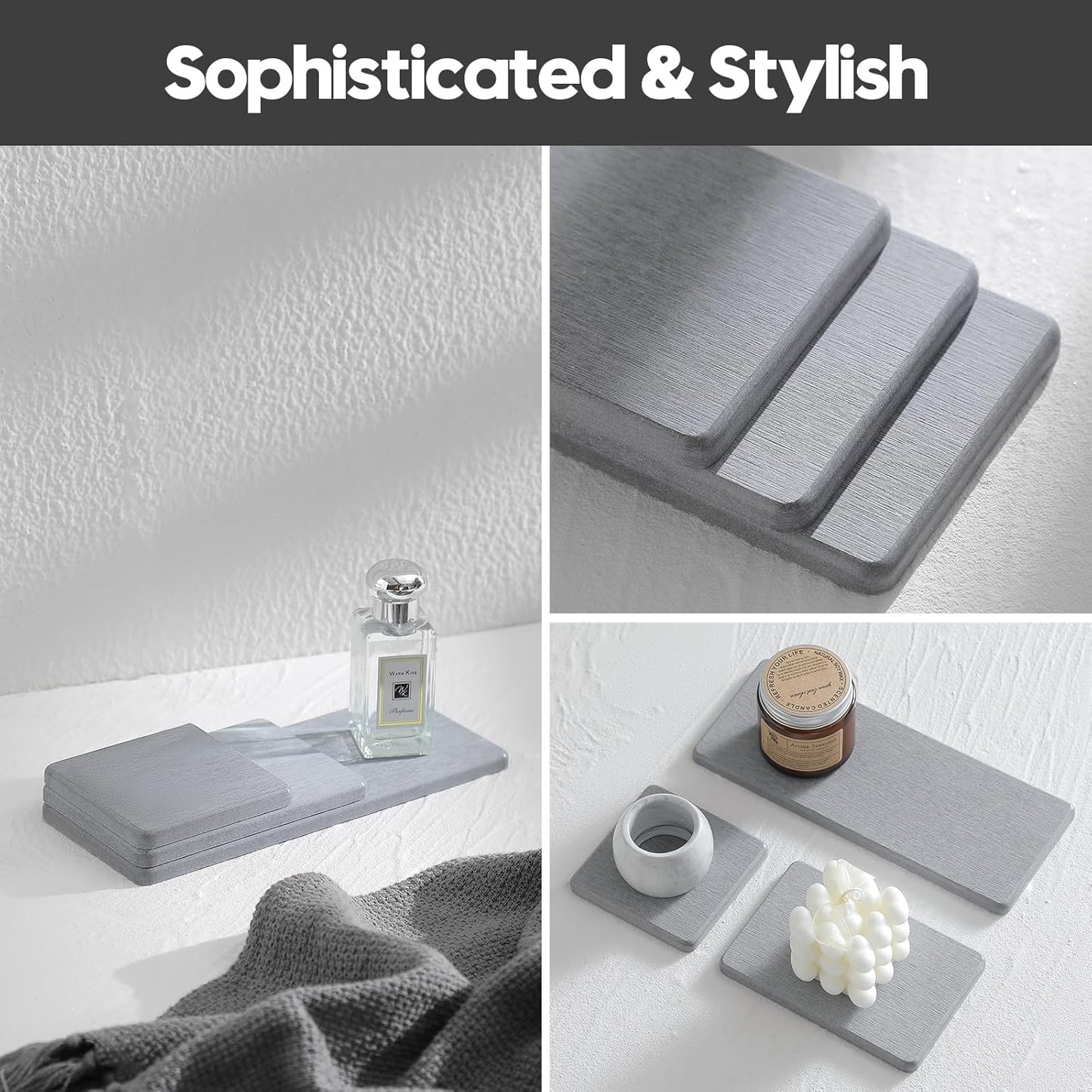 2PCS Water Absorbing Stone Drying Tray for Kitchen Counter & Bathroom Sink, Diatomite Faucet Splash Guard, Soap Dispenser Rack & Sponge Holder Caddy Organizer, Marble White (Printed Pattern), 9"x 3.5"