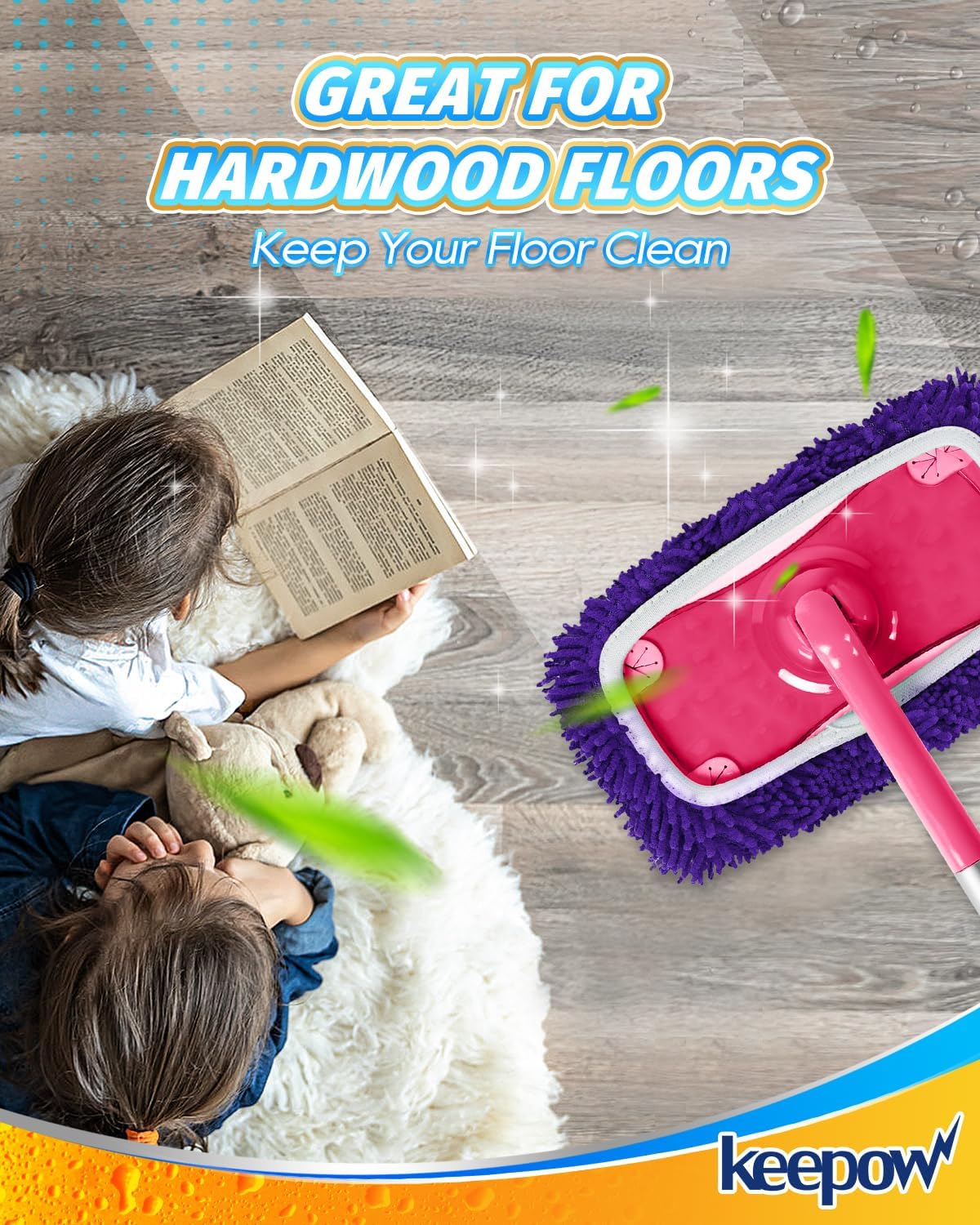 KEEPOW Reusable Microfiber Mop Pads Compatible with Swiffer Sweeper, Dry Sweeping Cloths, Washable Wet Mopping Cloth Refills for Hardwood Floor Cleaning, 6 Pack
