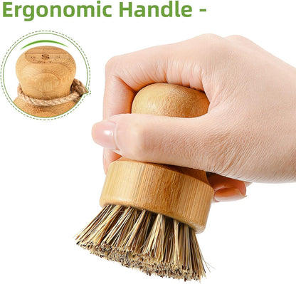 Bamboo Dish Scrub Brushes,Kitchen Wooden Cleaning Scrubbers Set for Washing Cast Iron Pan/Pot, Natural Sisal Bristles, Set of 3