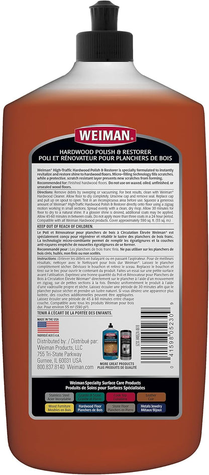 Weiman Wood Floor Polish and Restorer - 32 Ounce - High-Traffic Hardwood Floor, Natural Shine, Removes Scratches, Leaves Protective Layer, Packaging May Vary