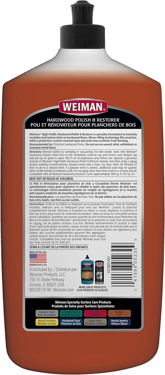 Weiman Wood Floor Polish and Restorer - 32 Ounce - High-Traffic Hardwood Floor, Natural Shine, Removes Scratches, Leaves Protective Layer, Packaging May Vary