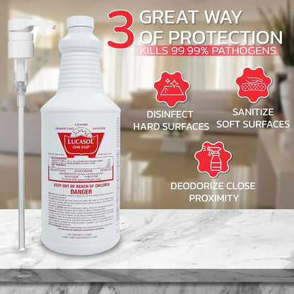 Lucasol One Step Disinfectant, 32 Fl Oz Disinfectant & 24 Oz Empty Refillable Spray Bottle Combo. Multi Purpose Cleaner Spray For Hospitals, Schools, Salons, Household Cleaning And More