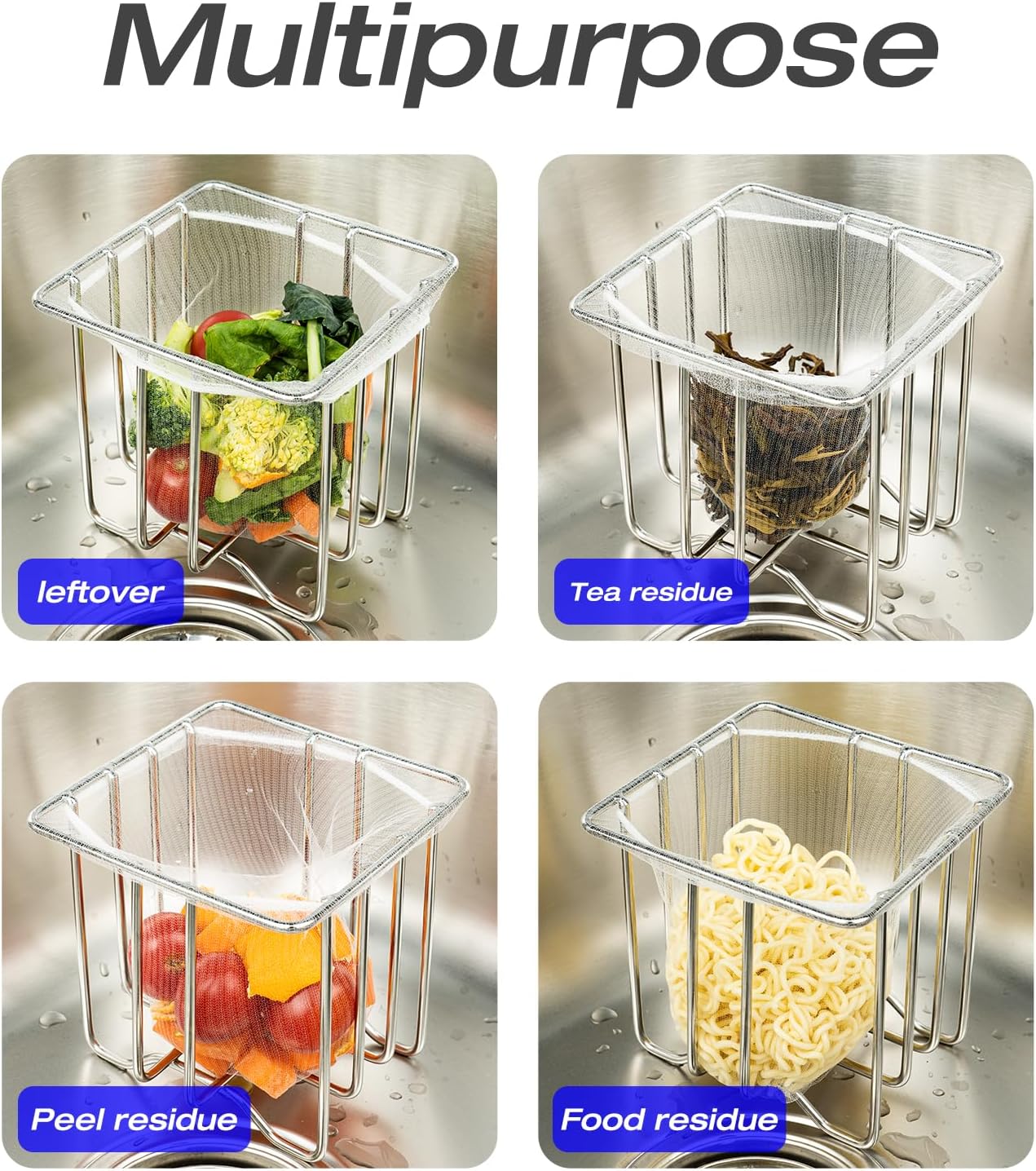 Kitchen Sink Strainer with Sink Basket Holder and 200 Strainer Net Bags,Food Catcher with Drain Filter Mesh Bag,Meshmate Waste Rack Trash Catcher for Leftovers.