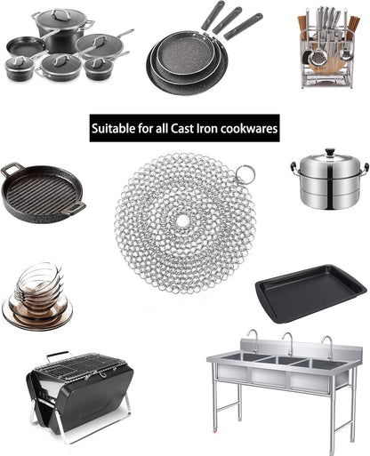 Cast Iron Skillet Cleaner Chainmail,2 Pack Premium Stainless Steel Chain Maille Scrubber for Cast Iron Pans,Stainless Steel,Glassware(7IN &5IN Round)