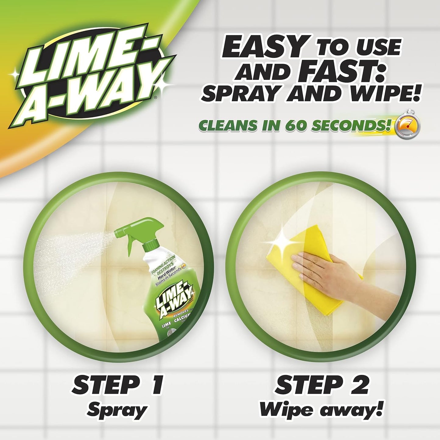 Lime-A-Way Hard Water Stain Remover Spray, Removes Lime, Calcium & Rust in Seconds, Bathroom Cleaner, 22 fl oz