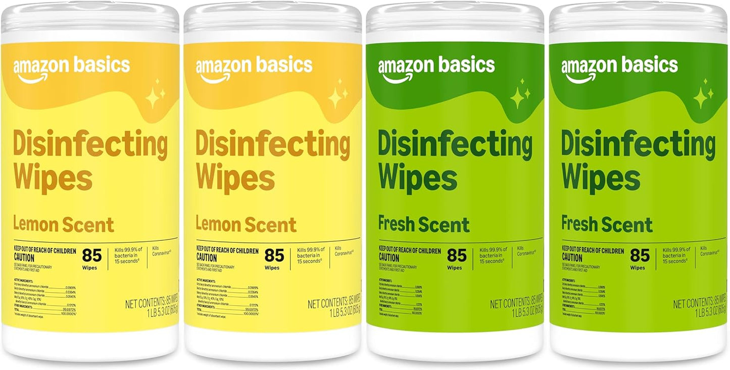 Amazon Basics Disinfecting Wipes, Lemon & Fresh Scent, Thick, Sanitizes/Cleans/Disinfects/Deodorizes, 340 Count (4 Packs of 85)