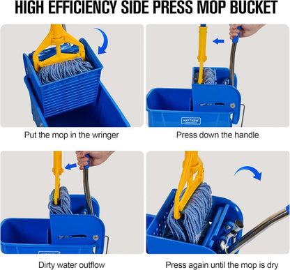 Matthew Cleaning 34 Quart Commercial Mop Bucket INCL.Wet String Mop with Side Press Wringer On Wheels,Heavy Duty Tandem Portable Floor Cleaning Wavebrake,Ideal for Household,Industrial,Restaurant