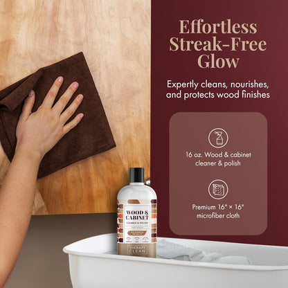 Therapy Wood Polish Bundle with Microfiber 16 oz. - Wood Furniture Polish, Best Furniture Cleaner - Almond Scent - Cleaner, Cabinet and Table Restorer, Natural Conditioner