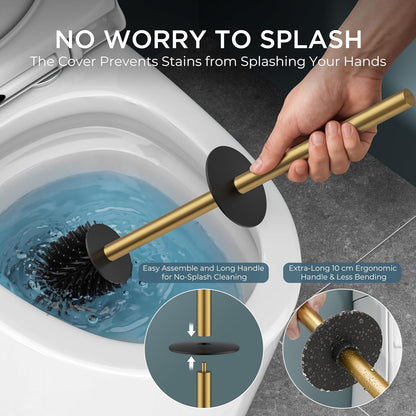 FORIOUS Toilet Brush and Holder Set, Heavy Duty 304 Stainless Steel Base Square and Long Handle for Bathroom Deep Cleaning, Drip-Proof, Space Saving for Storage, 2 Toilet Bowl Brush Head, Black