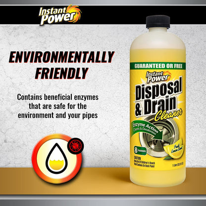 Instant Power Disposal and Drain Cleaner – Liquid Enzyme Clog Remover, Cleans and Deodorizes, Removes Drain Blockages, Fresh Lemon Scent 33.8 Fl oz, 1 Liter 4 Pack
