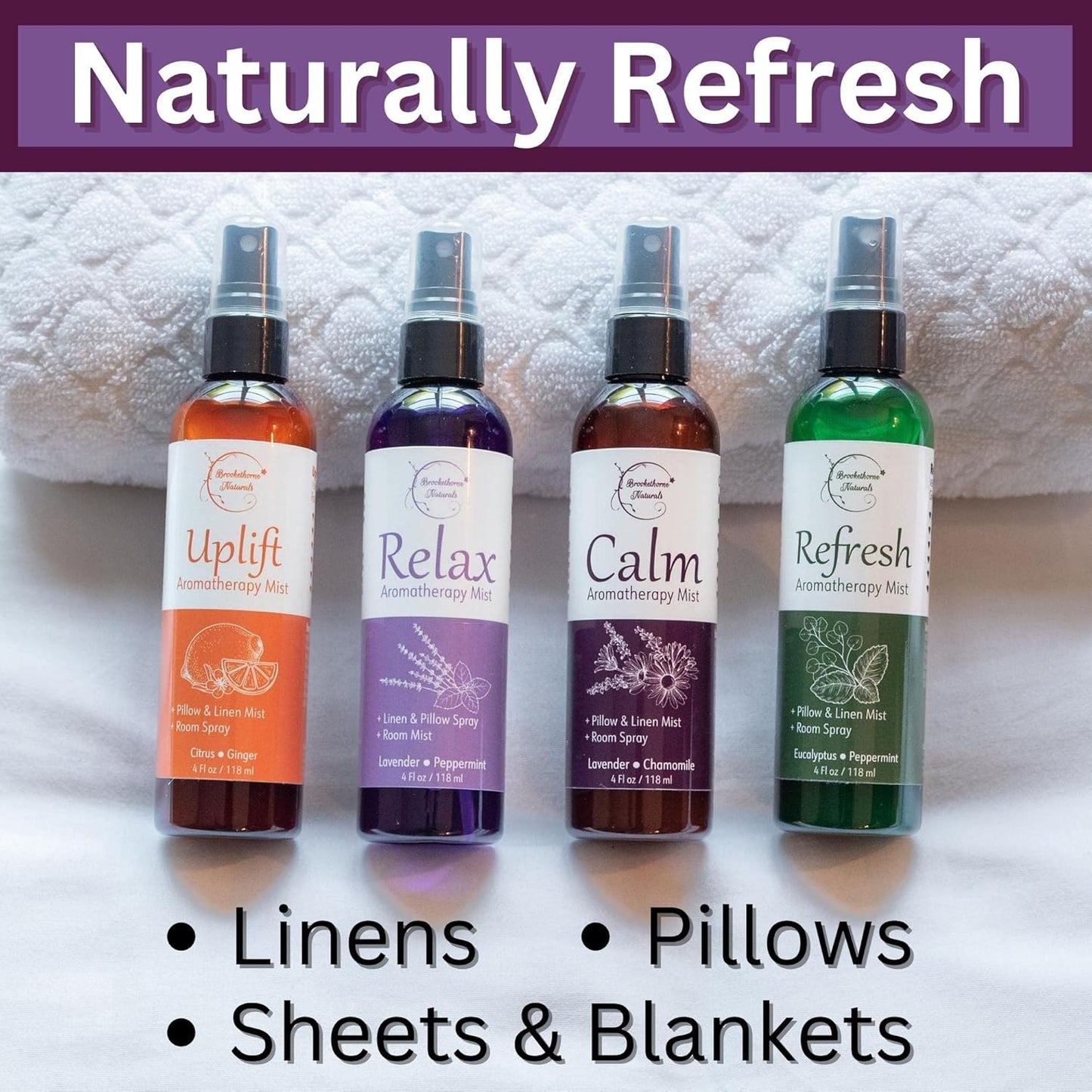 Refresh Aromatherapy Room Spray & Pillow Mist. Peppermint & Eucalyptus Essential Oil Spray, Linen Mist, Natural Car Air Freshener Bathroom Freshener & Closet Deodorizer by Brookethorne Naturals