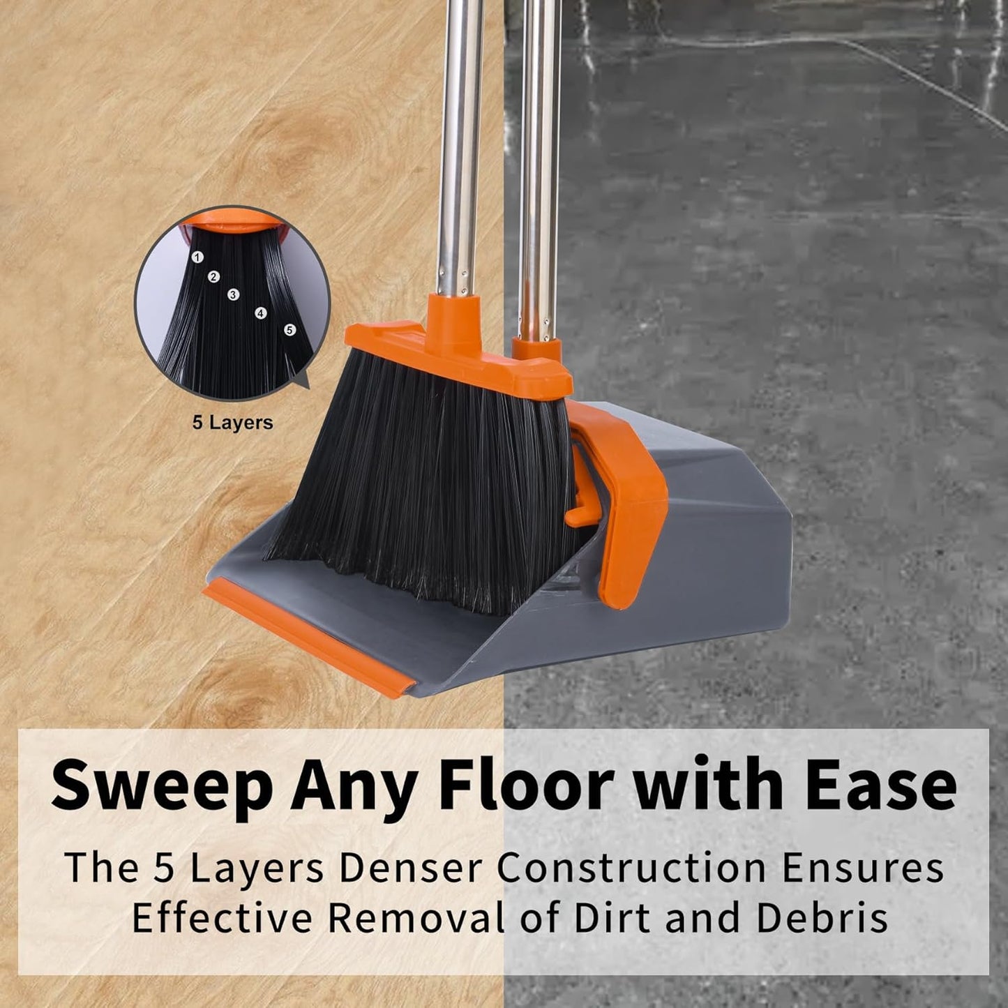 Tiumso Upgrade Broom with Dustpan Combo Set, Broom and Dustpan Set with 51'' Long Handle, Dust Pan and Brooms, ZeroGap Lip, Self-Cleaning Dustpans Teeth for Lobby Kitchen Restaurant - Black and Red