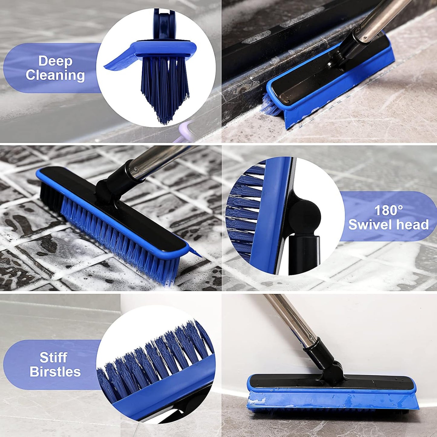 2 in 1 Floor Scrub Brush Grout Brush with 57.8" Long Handle,120°Rotatable Shower Tile Grout Cleaner Scrubber,V-Shaped Corner Brush for Hard to Reach Areas (Orange)