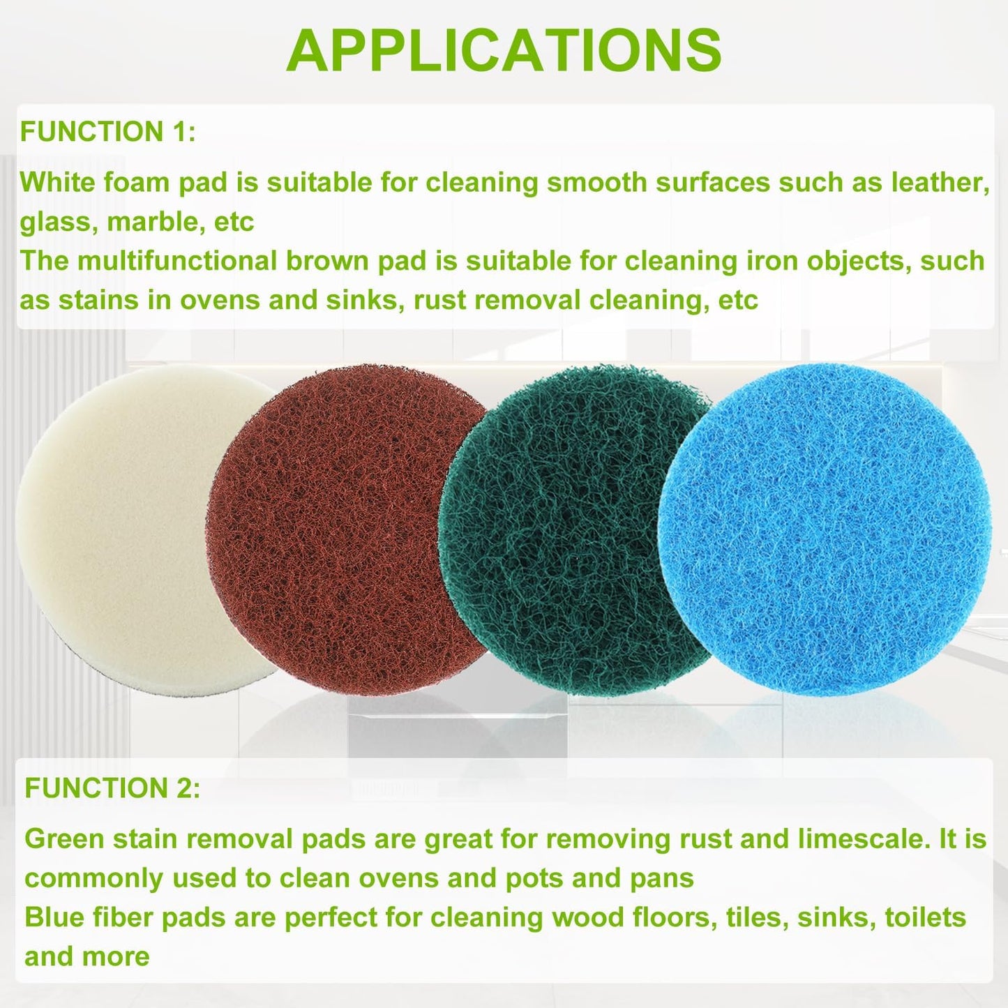 16pcs Kitchen Pads Power Scrubber Pads Set Electric Scrubber Replacement Scouring Pads fit for Dremel Versa Scouring Pads,Green