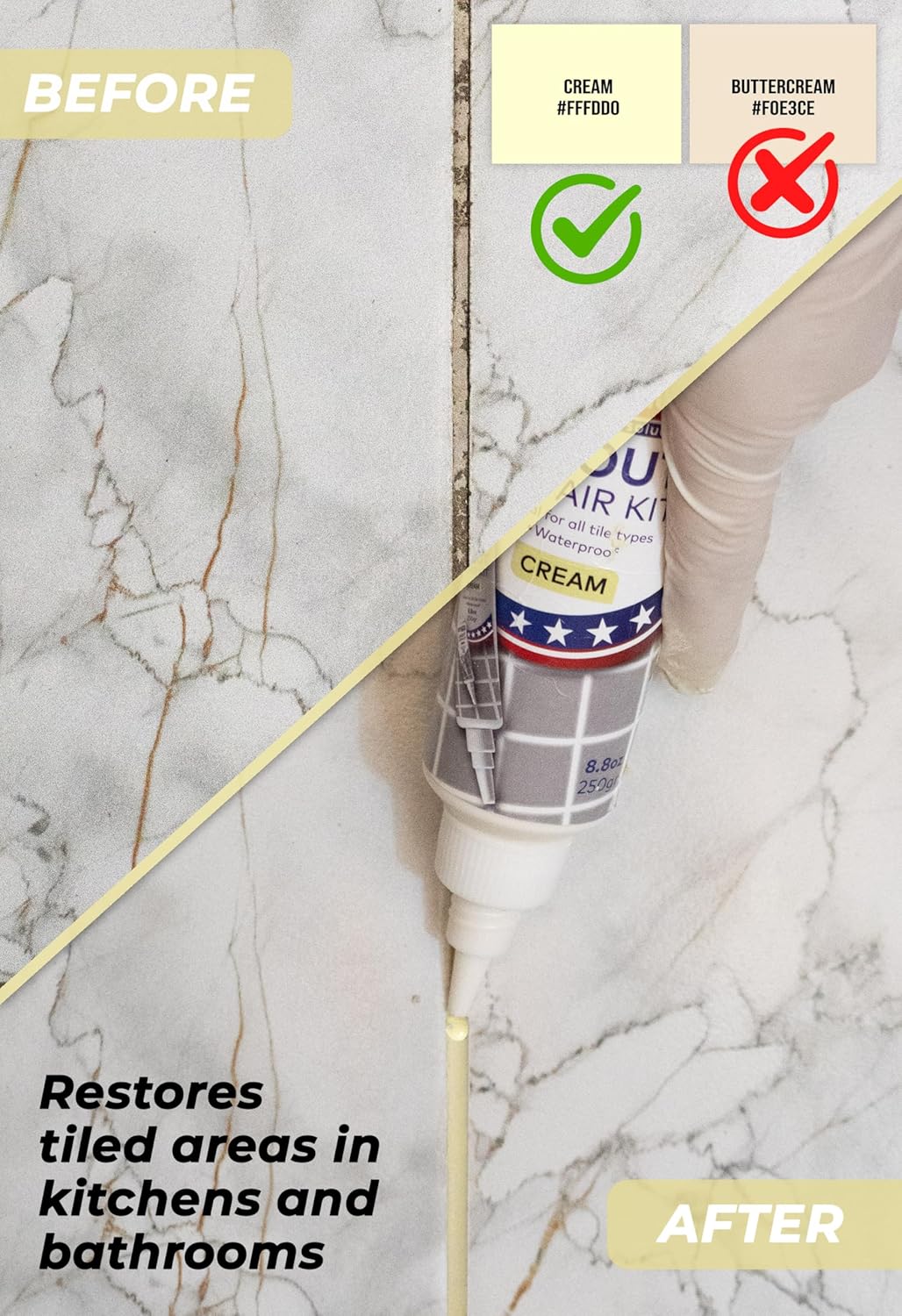 Tile Grout Repair, Grey 8.8 oz/250gr. Fast Drying Grout Repair Kit, Grout Filler Tube Repair Kit, Tile Grout Paint, Grout Sealer Restore and Renew Bathroom Floor, Tile Gaps, Joints, Lines