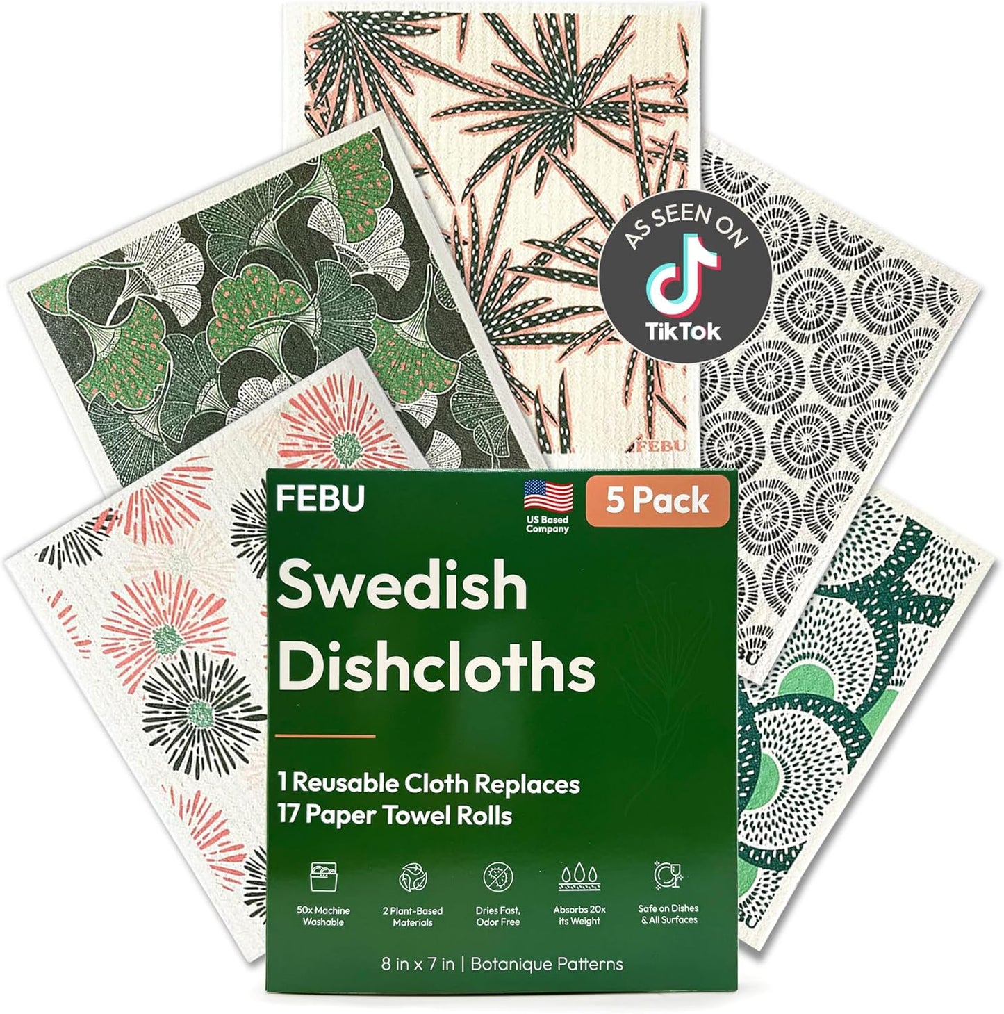FEBU Swedish Dishcloths for Kitchen | 5 Pack Watercolor Reusable Paper Towels Washable | Swedish Dish Towels | Non-Scratch Cellulose Sponge Cloths | No Odor, Biodegradable Cleaning Cloths