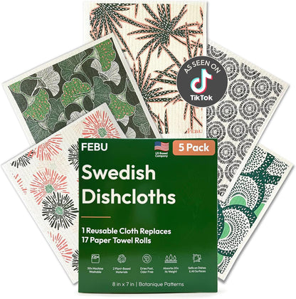 FEBU Swedish Dishcloths for Kitchen | 5 Pack Watercolor Reusable Paper Towels Washable | Swedish Dish Towels | Non-Scratch Cellulose Sponge Cloths | No Odor, Biodegradable Cleaning Cloths