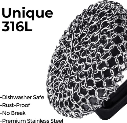 Amagabeli Cast Iron Cleaner 8"x6" Premium Stainless Steel Chainmail Scrubber Cast Iron Skillet Cleaner for Pan Pot Wok Griddles BBQ Grills Cast Iron Cleaning