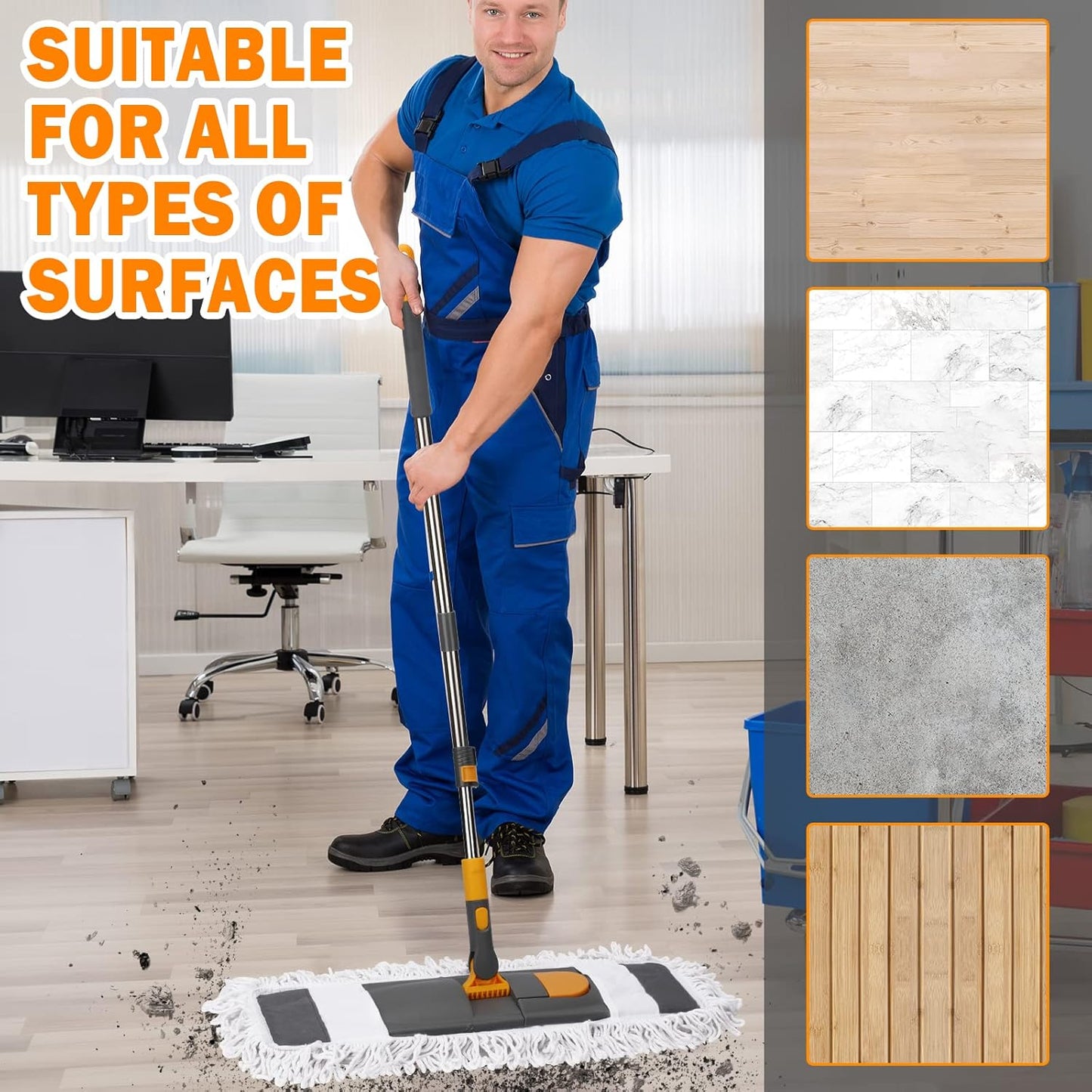 42" Commercial Dust Mop for Floor Cleaning, MASTERTOP Large Flat Mop with Long Handle, Sweeping Broom with 2 Different Mops Pads, Industrial Mop for Hardwood, Tile, Gym, Office, Mall, Warehouse