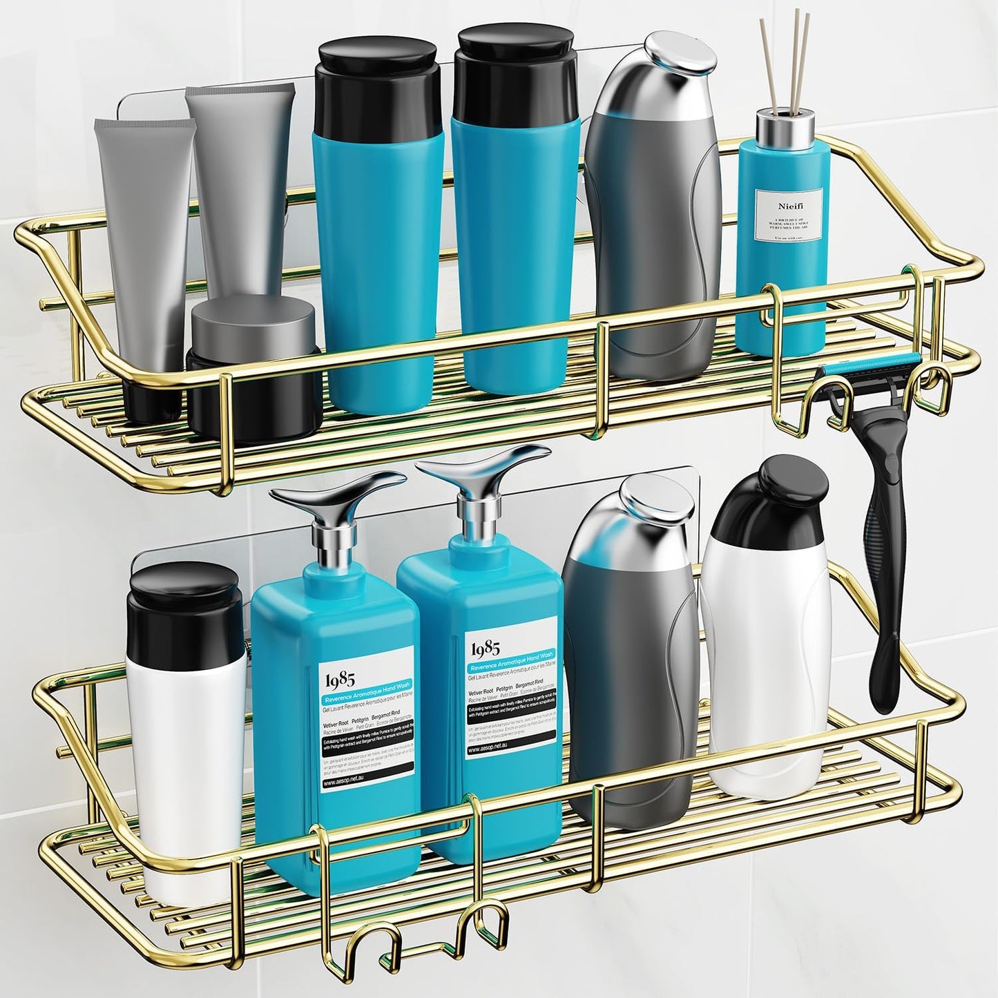 Nieifi Shower Caddy Shelf Storage Rack Adhesive Without Drilling Stainless Steel with Hooks for Washroom, Lavatory, Restroom, Toilet, Bathroom, Kitchen - 2 Pack