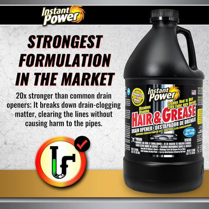 Instant Power Hair and Grease Drain Cleaner - Shower Drain & Sink Cleaner, Liquid Clog Remover, Made in USA, Sink Deodorizer - 1 Liter (Pack of 2)