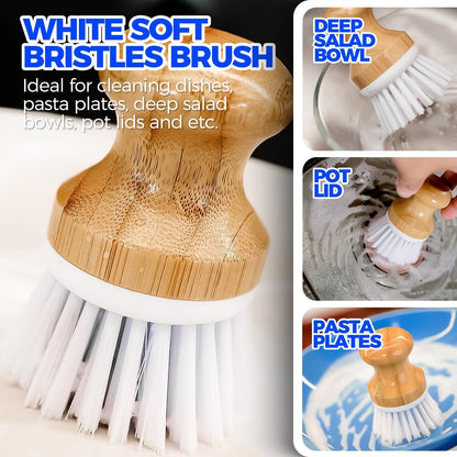 Holikme 3 Pack Dish Brush Set with Bamboo Handle, Kitchen Brushes for Cleaning Pot, Sink and Stove, Skillet Scrubber with Tough Bristles for Cast Iron Grill Pan, Yellow White Black
