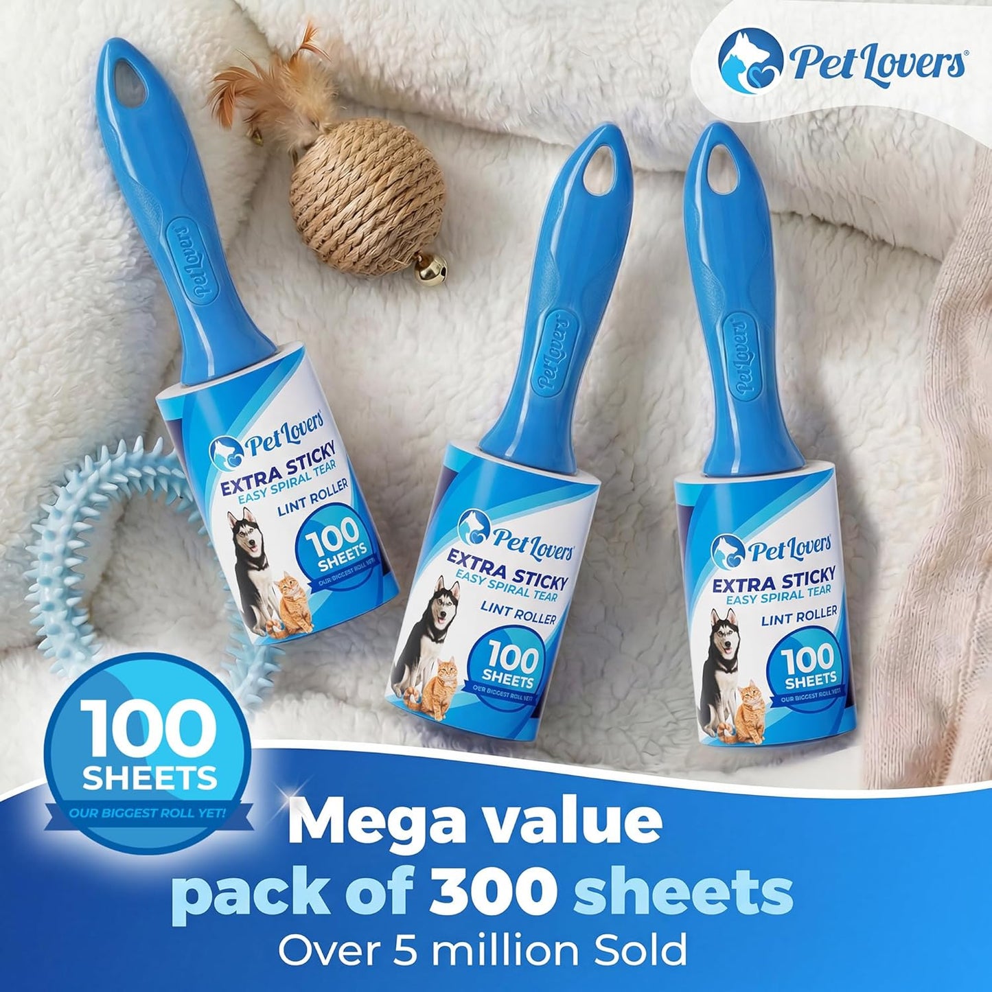 PetLovers Extra Sticky Lint Roller Mega Value Set 600 Sheets for Pet Hair Removal, Dog and Cat Lint Remover 6 Pack