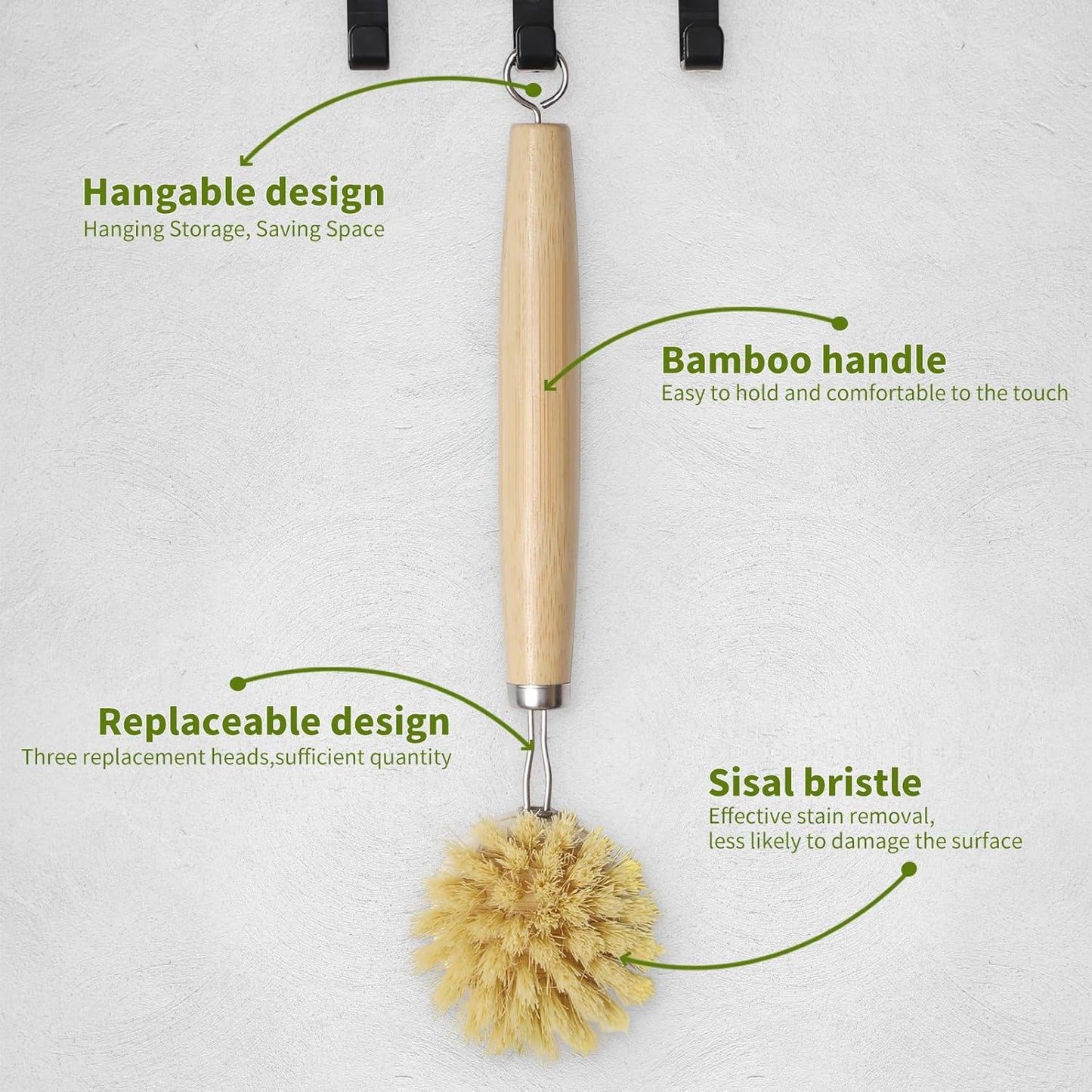 Bamboo Dish Brush with Long Handle - Natural Dish Scrubber Brush Set Includes 4 Replacement Brush Heads, Sisal Bristle Bamboo Brush for Dishes, Pans, Pot, Fruit and Veggie