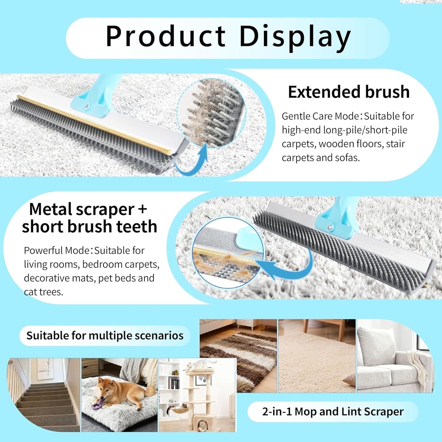 Lazyfeel Pet Hair Remover, Adjustable 18-54”Carpet Rake, Rubber Broom for Deep Clean, Dual-Sided Fur Remover Broom for Pet Hair, Furniture, Rugs, Stairs, Car, and More