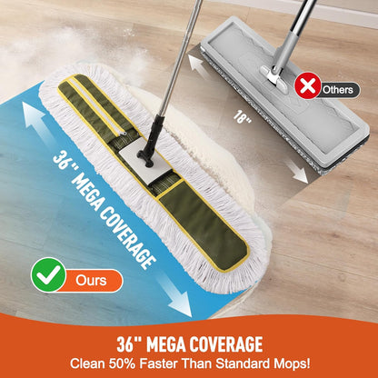 CLEANHOME 36" Commercial Dust Mop for Hardwood Floors, Tile, Laminate & Concrete - Heavy Duty Industrial Mop with Telescopic Handle, 2 Washable Microfiber Pads, Cleaning for Home, Warehouse, Office