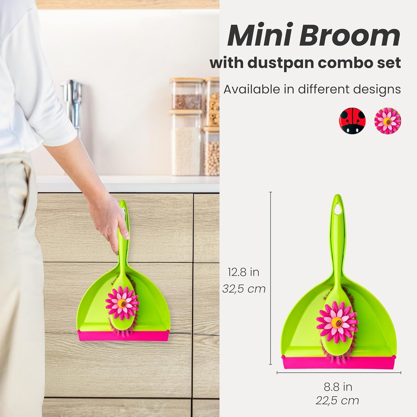 Vigar Ladybug Dust Pan and Brush Handy Set, 12-3/4-Inches, Green, Red, Black