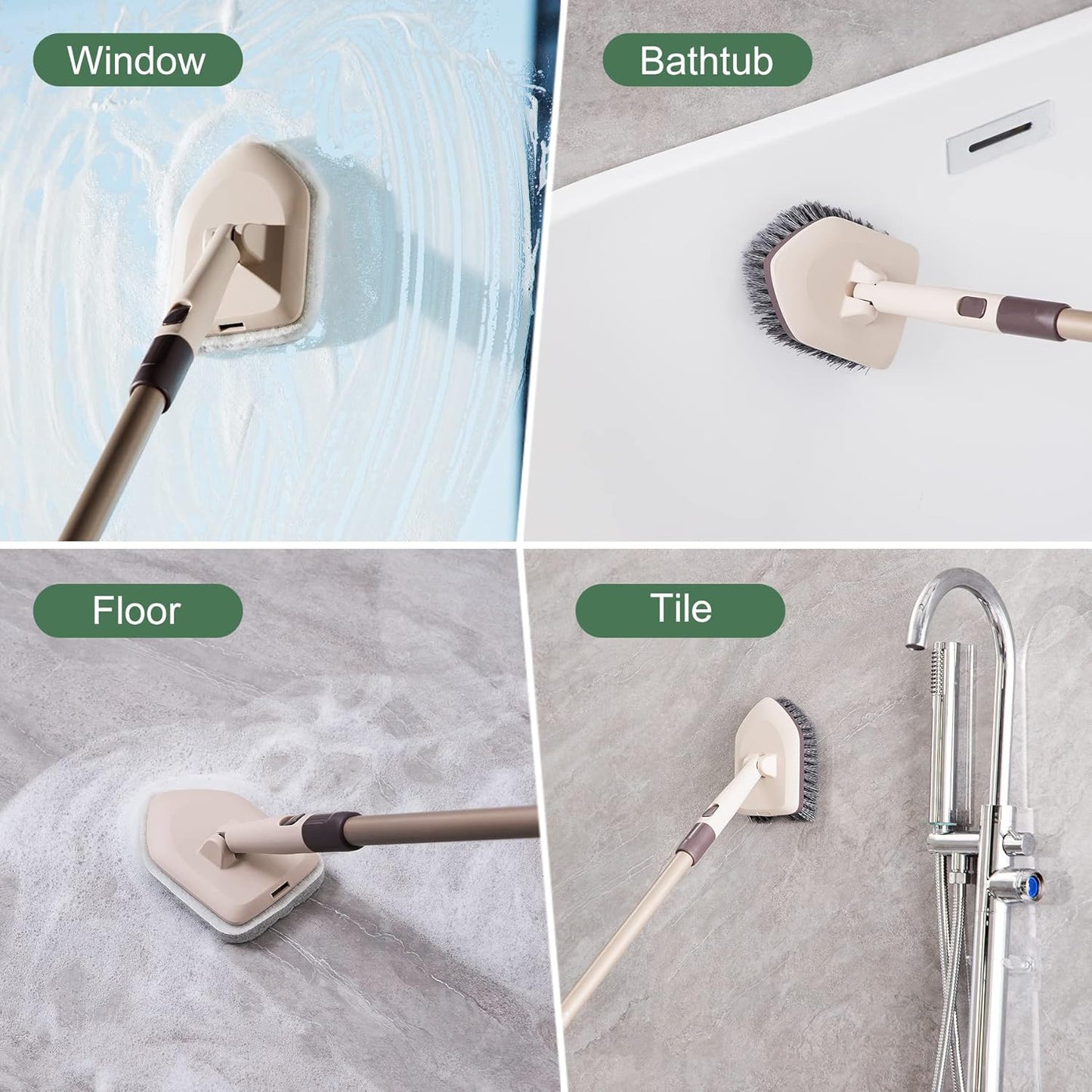 Eyliden Shower Scrubber with Long Handle, Tub Scrubber Brush with 180° Swivel Head for Bathroom, Tile, Bathtub, Grout, Sink, 2 Type Cleaning Heads - 1 Stiff Bristle & 2 Non-Scratch Pads