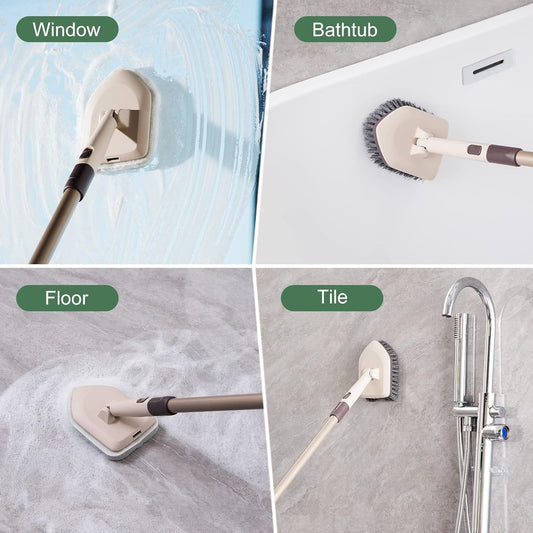 Eyliden Shower Scrubber with Long Handle, Tub Scrubber Brush with 180° Swivel Head for Bathroom, Tile, Bathtub, Grout, Sink, 2 Type Cleaning Heads - 1 Stiff Bristle & 2 Non-Scratch Pads