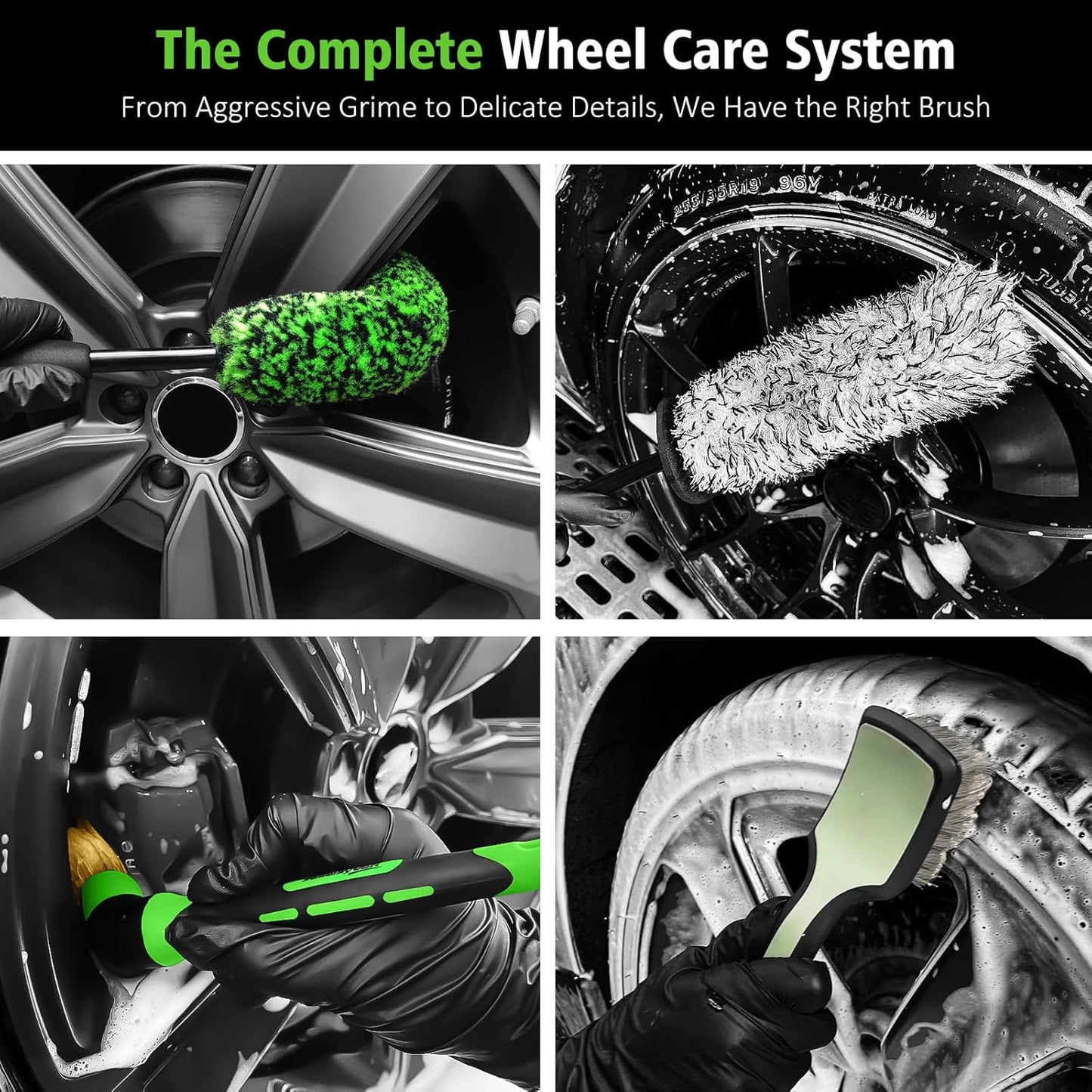 YeewayVeh 8PCS Ultimate Wheel and Tire Brush Kit | 2-Size 360° Bendable Rim Brushes, Boar Hair Detailing Brush, Tire Shine Applicators & Microfiber Towel | Complete Scratch-Free Cleaning & Shining Set