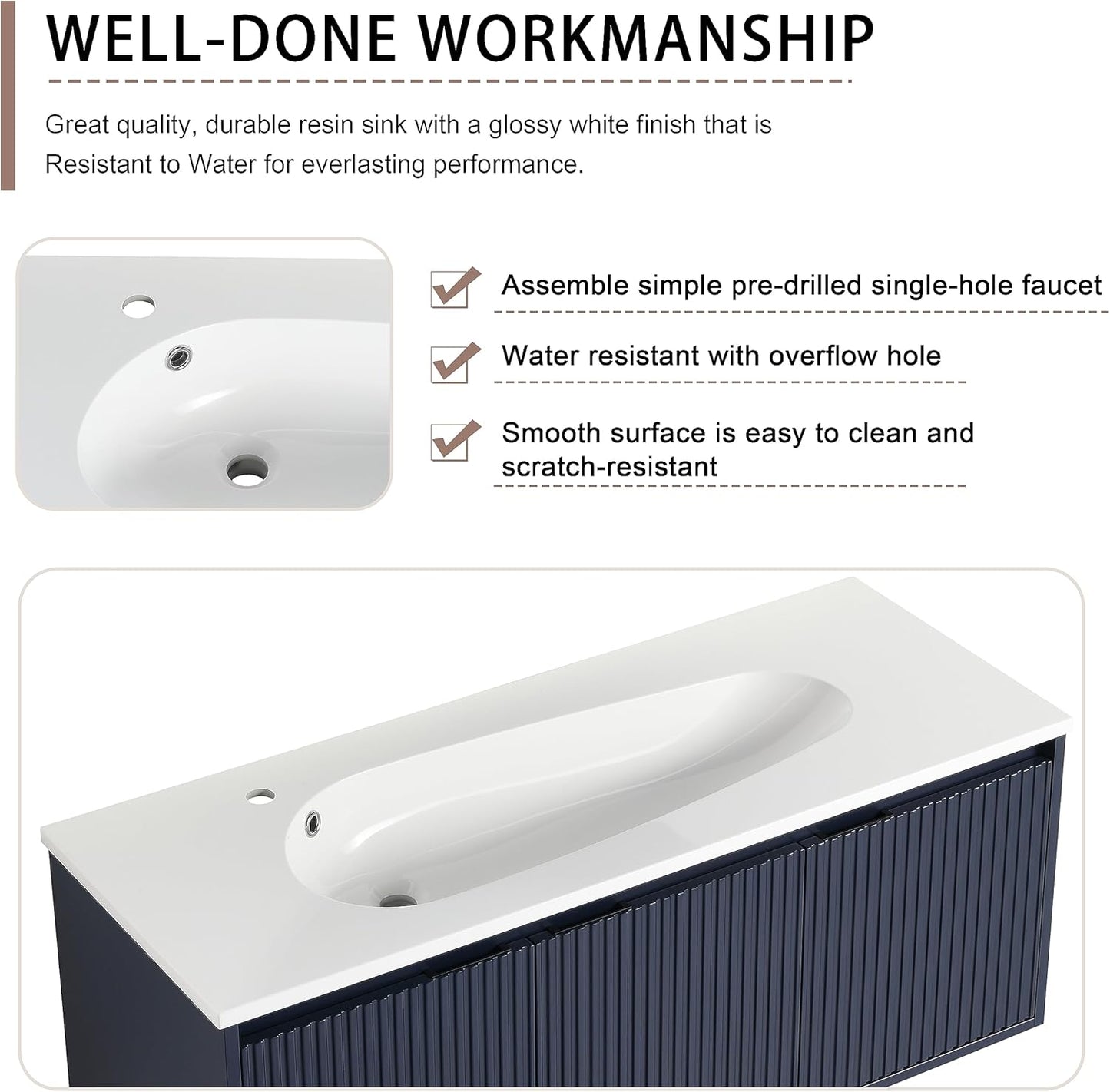 SSLine Modern 24-Inch Bathroom Vanity with Sink Wall Mounted Bathroom Vanity with Top Basin & Storage Cabinet White Wood Floating Vanity w/Ceramic Sink & Gold/Black Handles for Small Space
