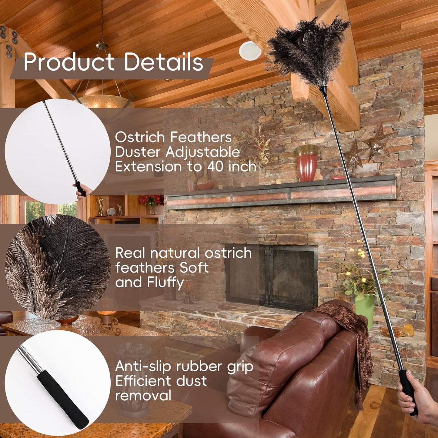 THARAHT Extendable Ostrich Feather Duster up to 27-94 inches Fluffy Feathers Long Handle Reusable for Cleaning Ceiling Fan Pendant lamp High Ceiling Blinds Furniture Feather Duster
