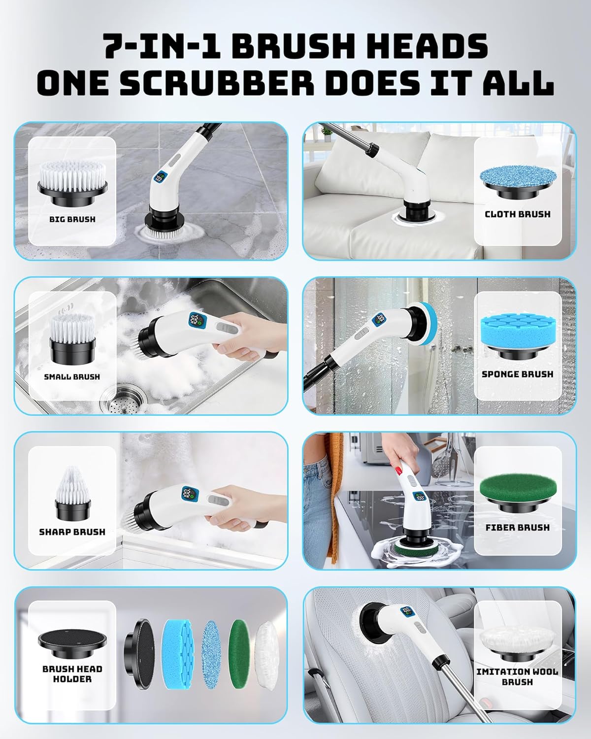 Electric Spin Scrubber for Cleaning Bathroom - Shower Cleaner Brush with Long Handle - Cordless Power Scrubber with 7 Brushes Heads, IPX7 Waterproof Scrub Brush for Bath Tub Tile Grout Glass Tool