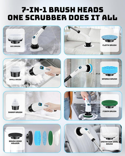 Electric Spin Scrubber for Cleaning Bathroom - Shower Cleaner Brush with Long Handle - Cordless Power Scrubber with 7 Brushes Heads, IPX7 Waterproof Scrub Brush for Bath Tub Tile Grout Glass Tool
