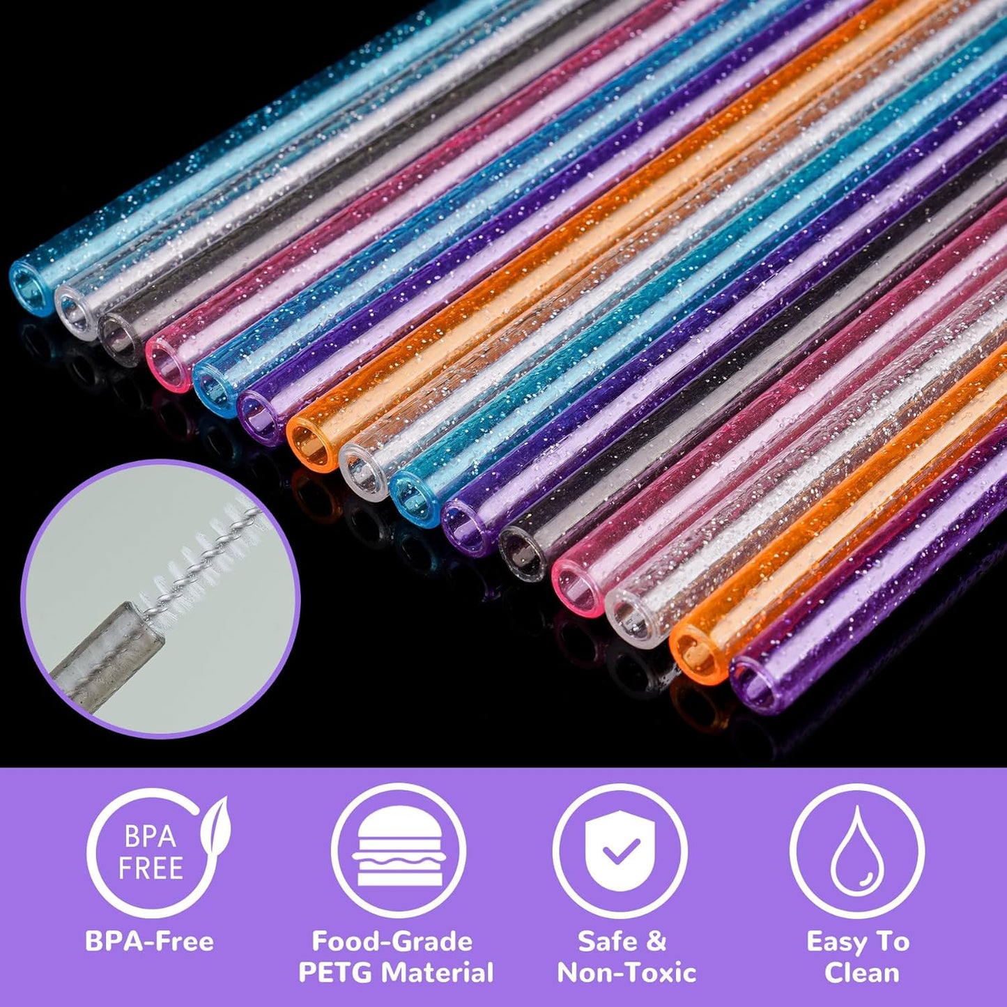 NiHome 12-Pack Glitter Replacement Straws for Stanley Tumbler 40OZ & 2 Cleaning Brushes Set, 12" Length BPA-Free Durable PETG Material for Various Beverages & Cups, Adds Sparkle to Your Drinks (Clear)