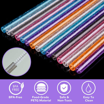 NiHome 12-Pack Glitter Replacement Straws for Stanley Tumbler 40OZ & 2 Cleaning Brushes Set, 12" Length BPA-Free Durable PETG Material for Various Beverages & Cups, Adds Sparkle to Your Drinks (Clear)